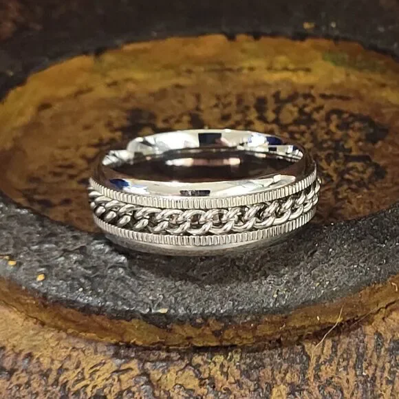 Men's Silver Chain Spinner Promise Ring Band - Anxiety Fidget Ring - Picture 3 of 8